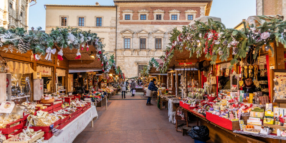 Montepulciano, Tuscany, Italy, December 2019: Christmas Market in Montepulciano, Piazza Grande, the main square of Montepulciano during the Christmas time.