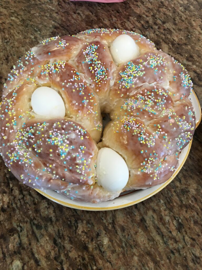 This version of the Easter Bread has uncolored eggs. 