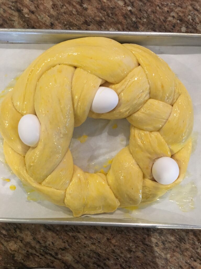 Easter bread ready to go in the oven for baking.