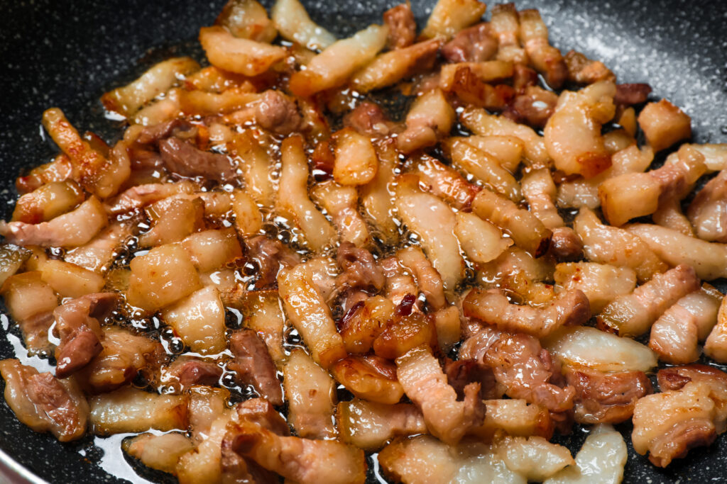 Guanciale frying for Bucatini All'Amatriciana