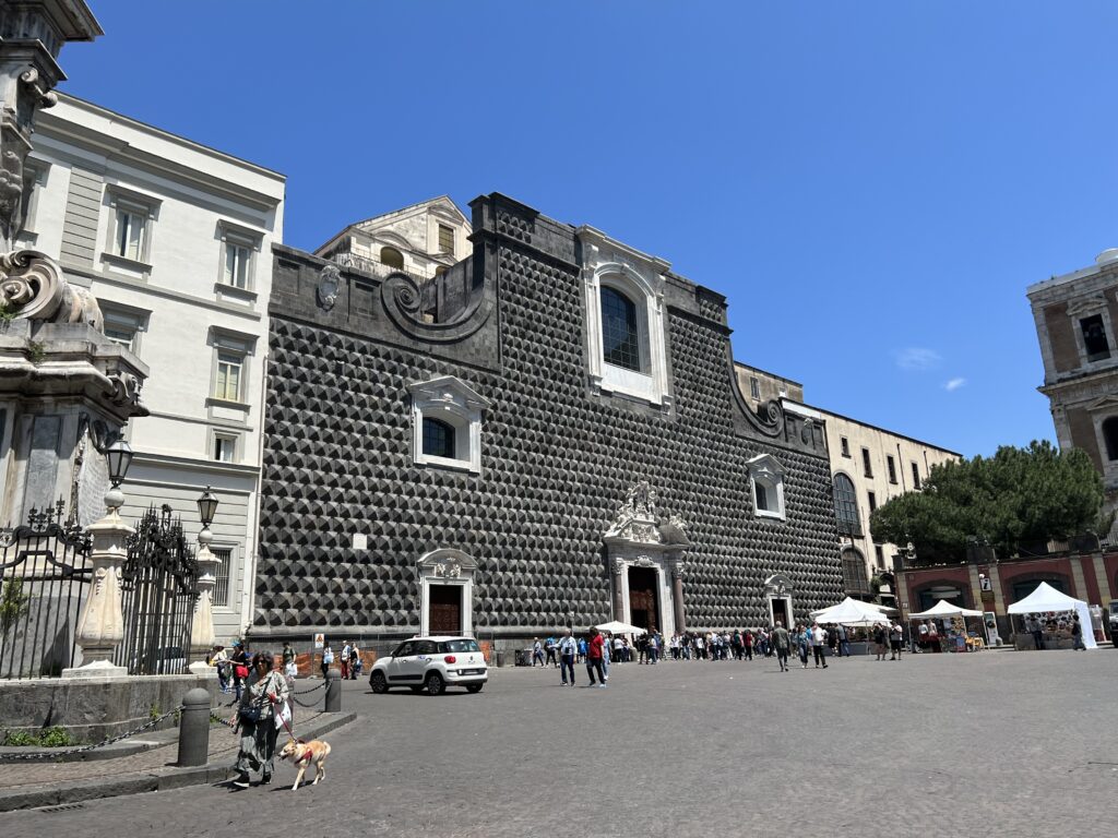 The outside facade of the church of Gesù Nuovo in Naples. 