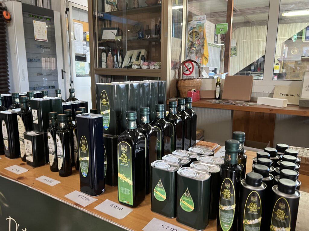 Olive oil selection on a counter.