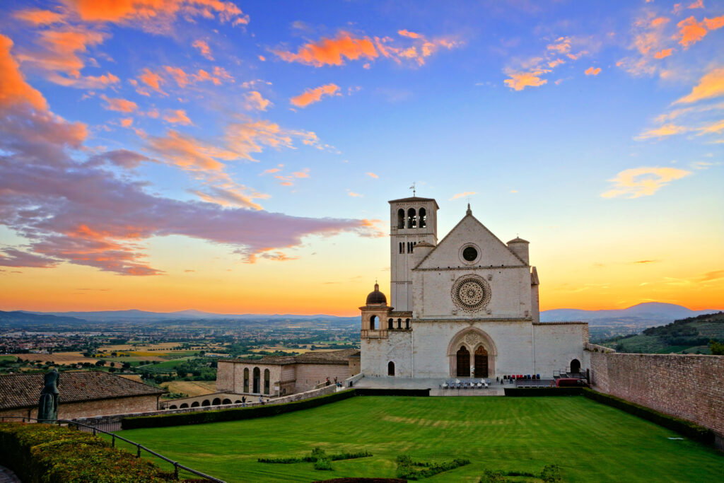 The basilica of st. Francis under the glow of sunset.