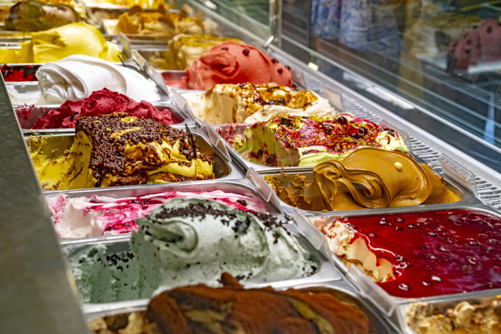 Various gelato flavors in Italy.