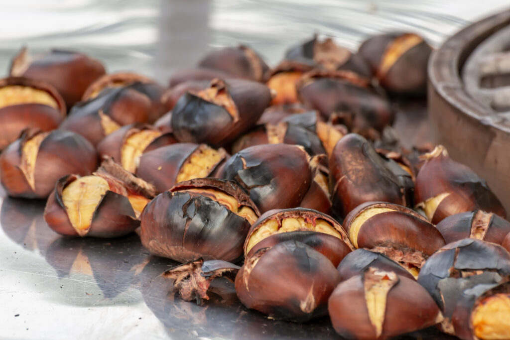 Freshly roasted chestnuts out of the oven.